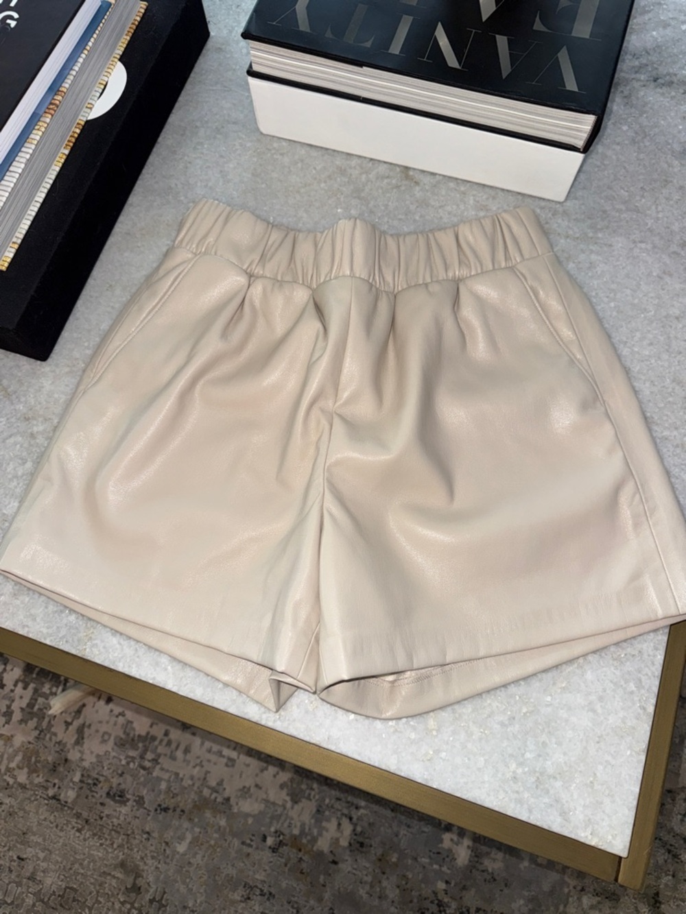 Anine Bing High Waist Leather Shorts in Beige